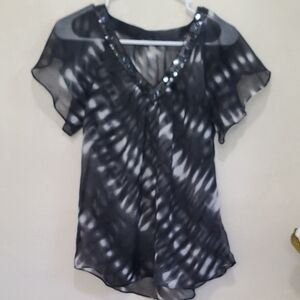 Express Black and White Asymmetrical Embellished Blouse